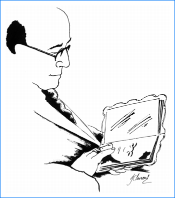 &laquo; Andr&eacute; Gide et son livre-miroir &raquo;&nbsp;: Dessin original et in&eacute;dit de lillustrateur Jacques Clavreul, juin 2002.

